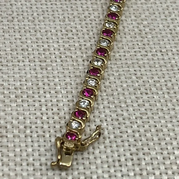 Vintage Gold Over 925 Sterling Silver Ruby & CZ Tennis Bracelet - Picture 5 of 16
